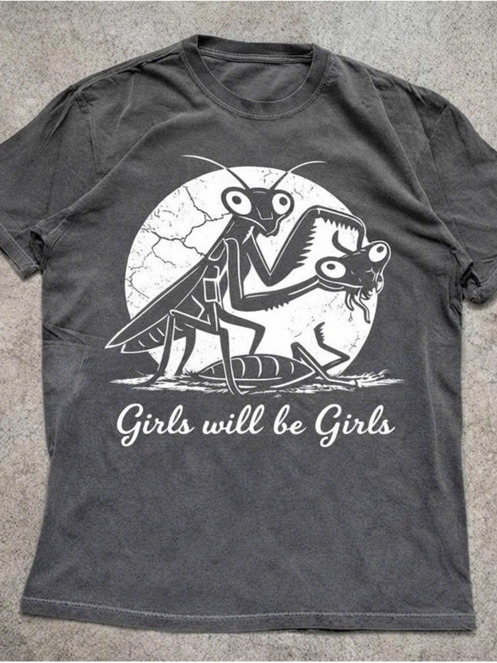 Charcoal Graphic Tee with White Praying Mantis Design